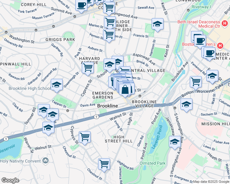 map of restaurants, bars, coffee shops, grocery stores, and more near 320 Washington Street in Brookline