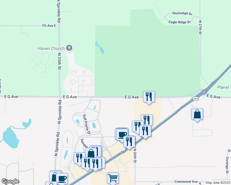 map of restaurants, bars, coffee shops, grocery stores, and more near 5745 East G Avenue in Kalamazoo