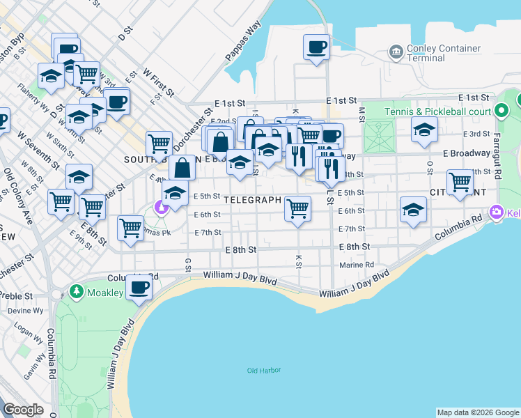 map of restaurants, bars, coffee shops, grocery stores, and more near 151 I Street in Boston