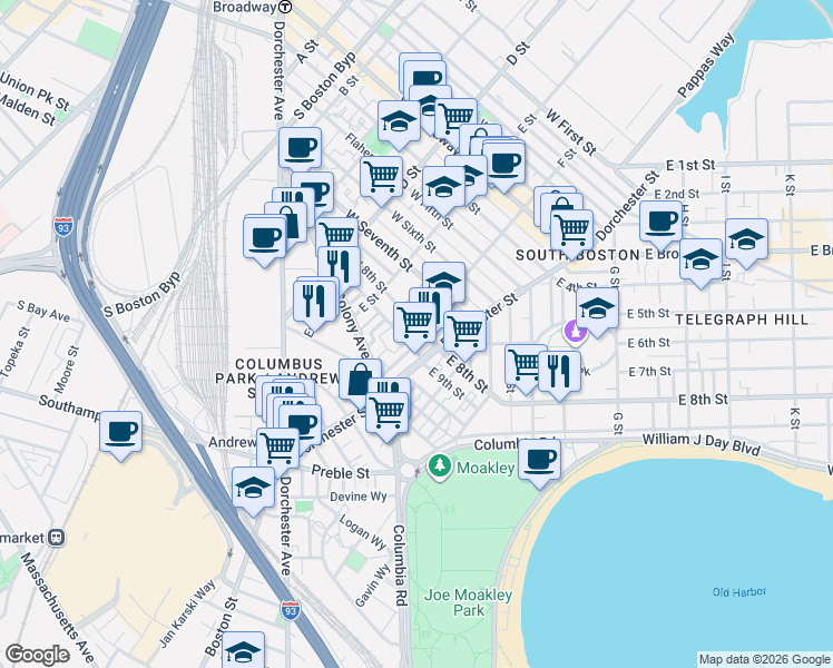 map of restaurants, bars, coffee shops, grocery stores, and more near 201 West 8th Street in Boston