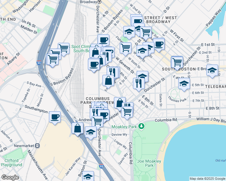 map of restaurants, bars, coffee shops, grocery stores, and more near 38-48 Damrell Street in Boston