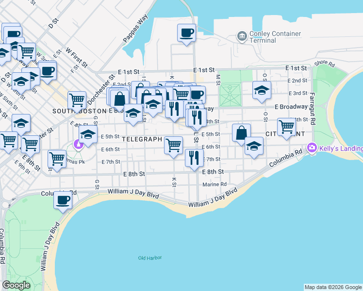 map of restaurants, bars, coffee shops, grocery stores, and more near 596 East 6th Street in Boston
