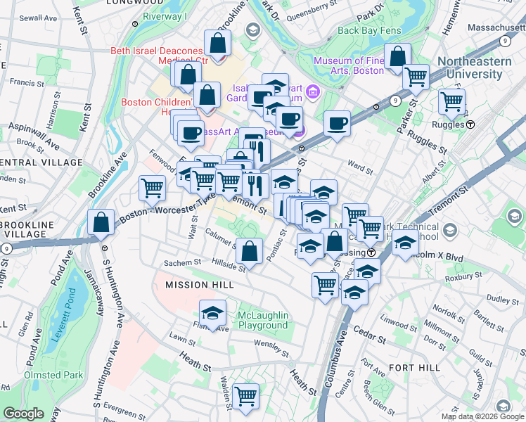 map of restaurants, bars, coffee shops, grocery stores, and more near 1577 Tremont Street in Boston