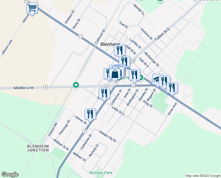 map of restaurants, bars, coffee shops, grocery stores, and more near 132 Ellen Street in Blenheim