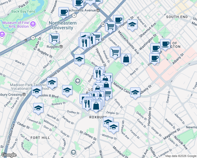 map of restaurants, bars, coffee shops, grocery stores, and more near 723 Shawmut Avenue in Boston