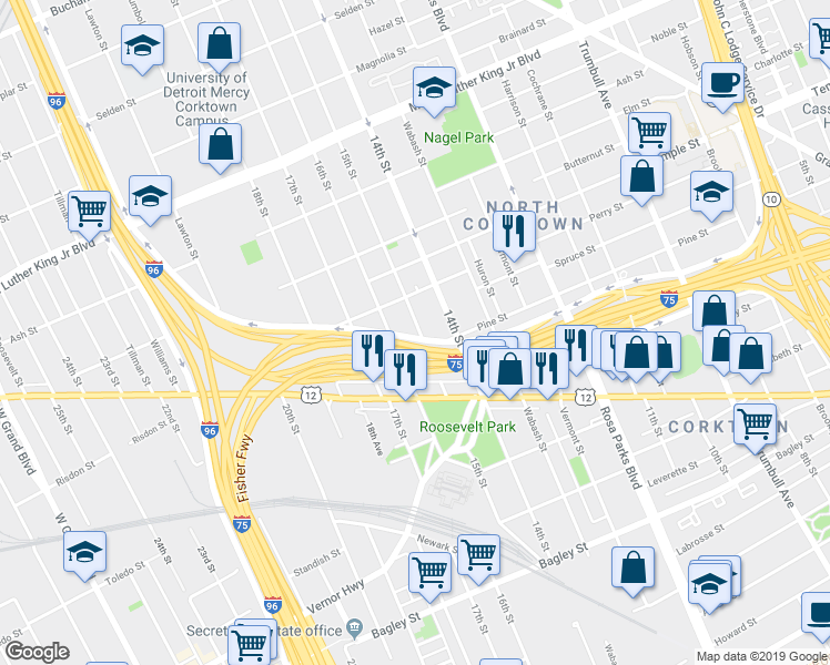 map of restaurants, bars, coffee shops, grocery stores, and more near 2643 15th Street in Detroit