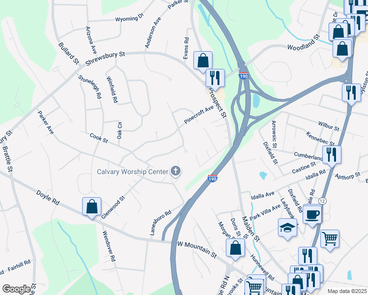 map of restaurants, bars, coffee shops, grocery stores, and more near 28 Larkspur Road in Holden
