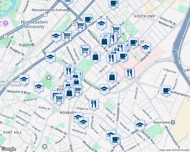 map of restaurants, bars, coffee shops, grocery stores, and more near 41 Thorndike Street in Boston
