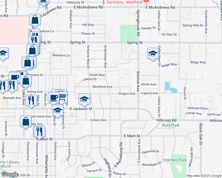 map of restaurants, bars, coffee shops, grocery stores, and more near 1800 Stratford Avenue in Medford