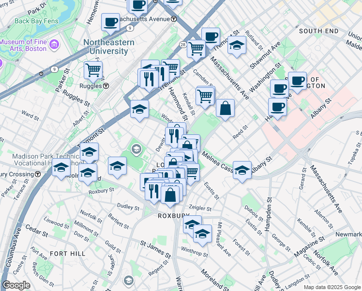 map of restaurants, bars, coffee shops, grocery stores, and more near 723 Shawmut Avenue in Boston