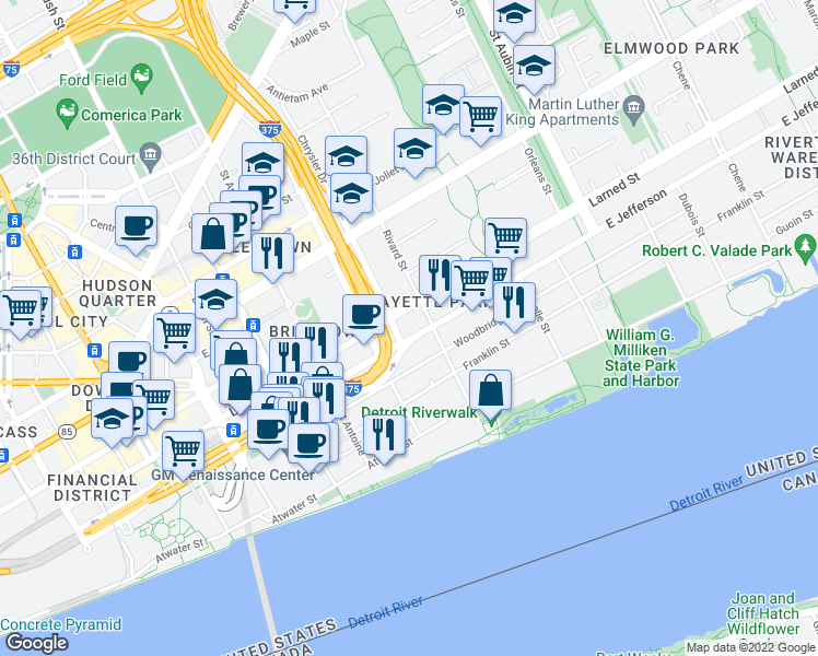 map of restaurants, bars, coffee shops, grocery stores, and more near 975 East Jefferson Avenue in Detroit