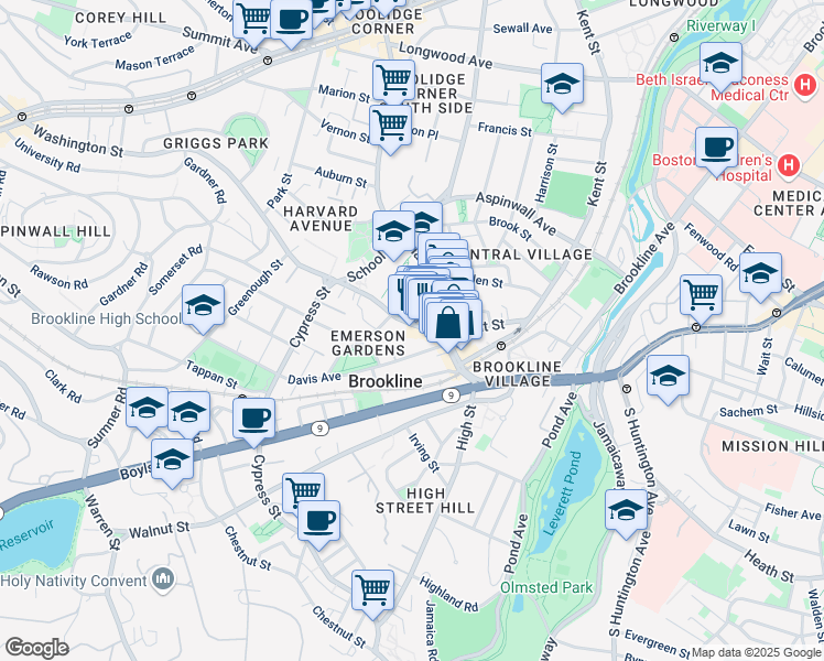 map of restaurants, bars, coffee shops, grocery stores, and more near 320 Washington Street in Brookline