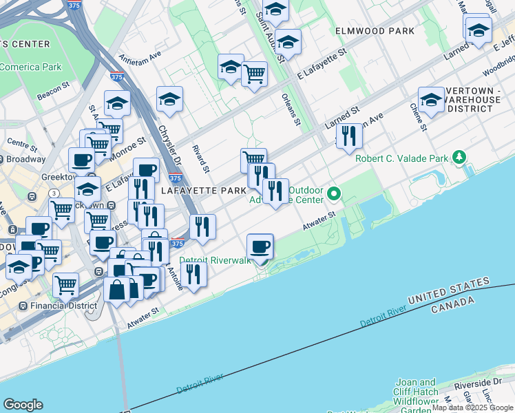 map of restaurants, bars, coffee shops, grocery stores, and more near 1400 Woodbridge Street in Detroit