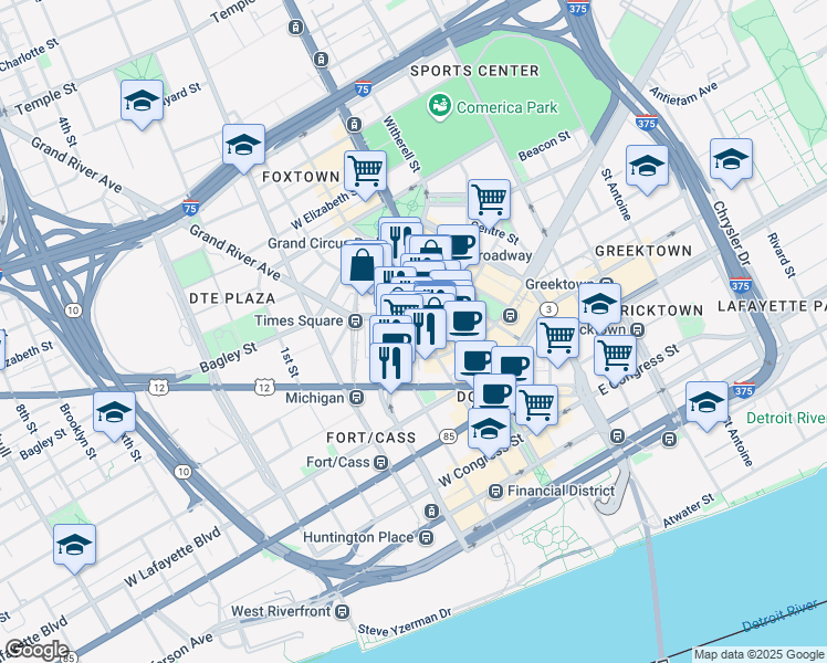 map of restaurants, bars, coffee shops, grocery stores, and more near 1249 Griswold Street in Detroit