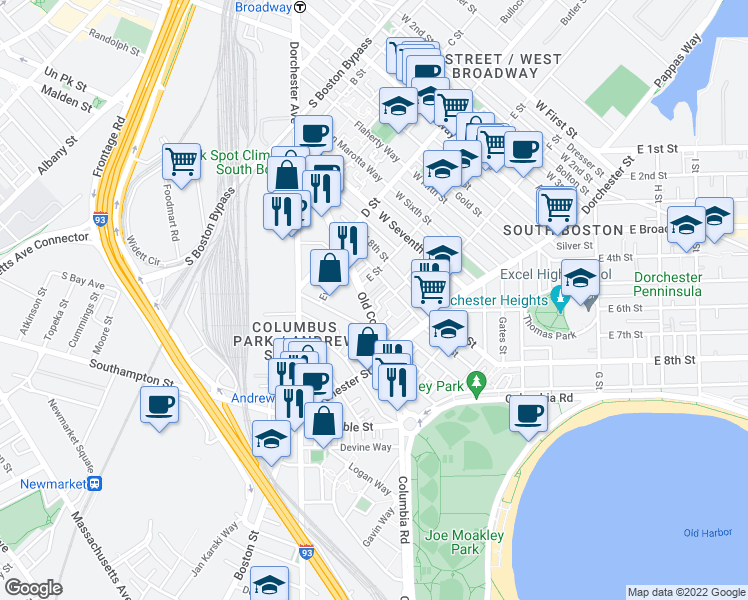 map of restaurants, bars, coffee shops, grocery stores, and more near 21 Lark Street in Boston