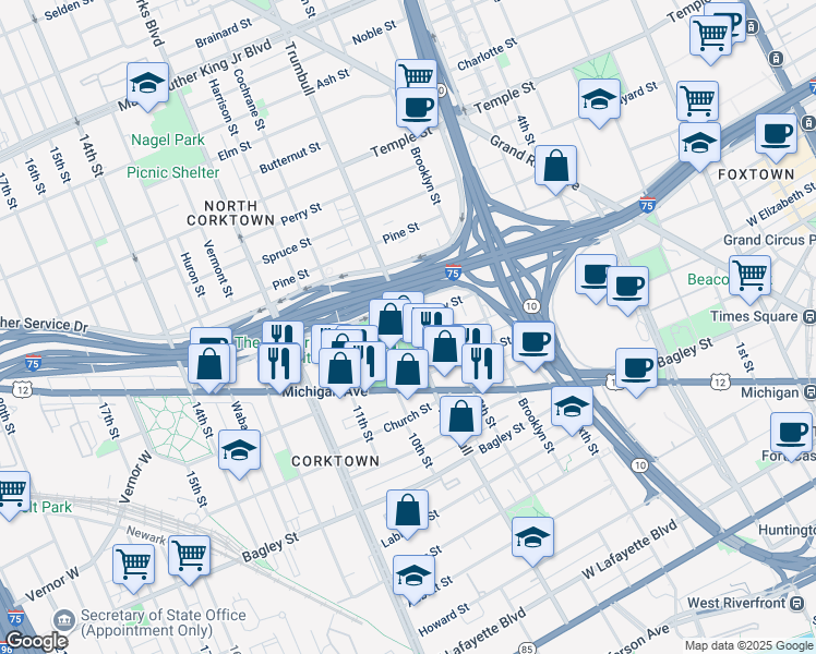 map of restaurants, bars, coffee shops, grocery stores, and more near 1531 West Fisher Service Drive in Detroit