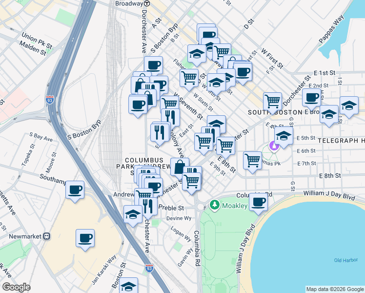 map of restaurants, bars, coffee shops, grocery stores, and more near 21 Lark Street in Boston