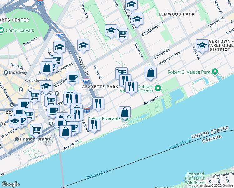 map of restaurants, bars, coffee shops, grocery stores, and more near 1350 East Jefferson in Detroit