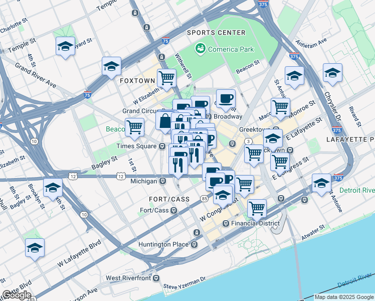 map of restaurants, bars, coffee shops, grocery stores, and more near in Detroit