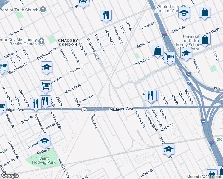 map of restaurants, bars, coffee shops, grocery stores, and more near 1059 West Grand Boulevard in Detroit