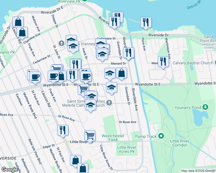 map of restaurants, bars, coffee shops, grocery stores, and more near 8855 Wyandotte Street East in Windsor