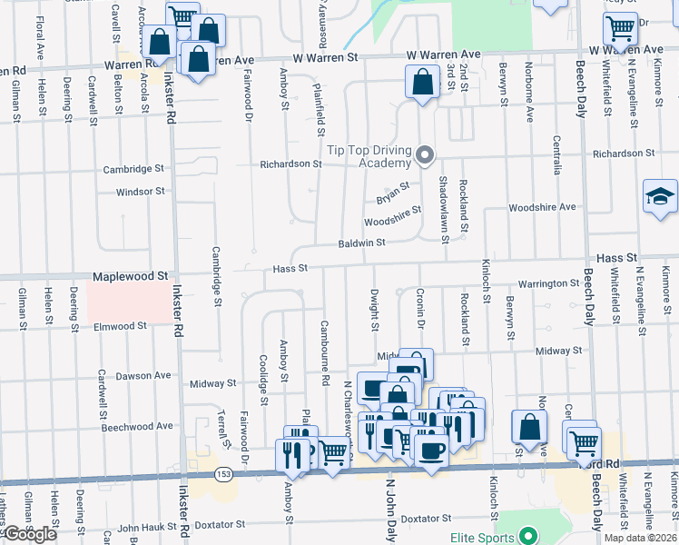 map of restaurants, bars, coffee shops, grocery stores, and more near 6317 North Charlesworth Street in Dearborn Heights