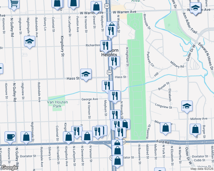 map of restaurants, bars, coffee shops, grocery stores, and more near 6173 Mayburn Street in Dearborn Heights