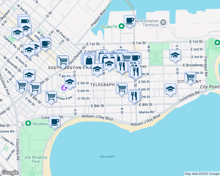 map of restaurants, bars, coffee shops, grocery stores, and more near 553 East 6th Street in Boston