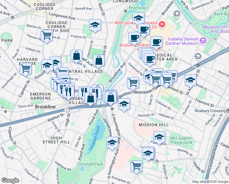 map of restaurants, bars, coffee shops, grocery stores, and more near 382 Riverway in Boston