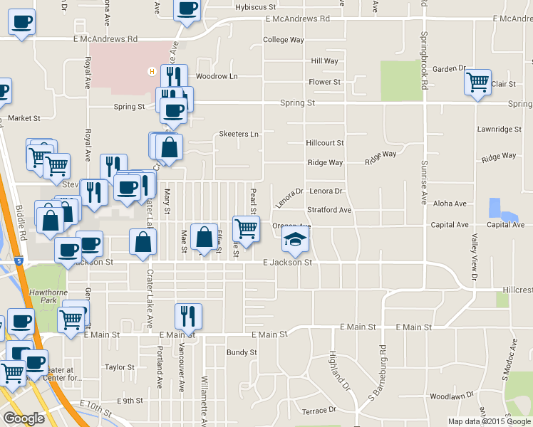 map of restaurants, bars, coffee shops, grocery stores, and more near 502 Pearl Street in Medford