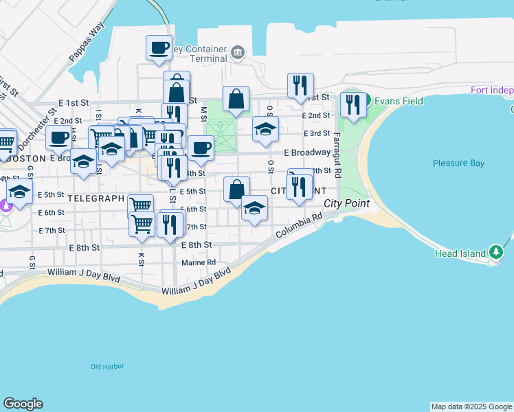 map of restaurants, bars, coffee shops, grocery stores, and more near 1 O Street Place in Boston