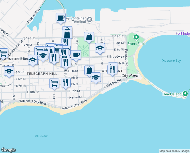 map of restaurants, bars, coffee shops, grocery stores, and more near 741 East 6th Street in Boston