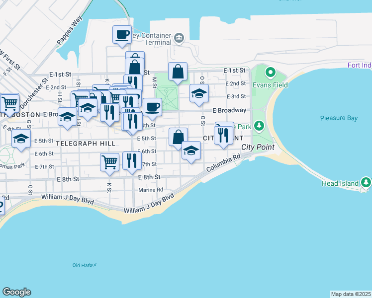 map of restaurants, bars, coffee shops, grocery stores, and more near 741 East 6th Street in Boston