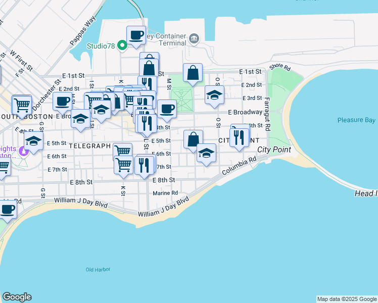 map of restaurants, bars, coffee shops, grocery stores, and more near 741 East 6th Street in Boston