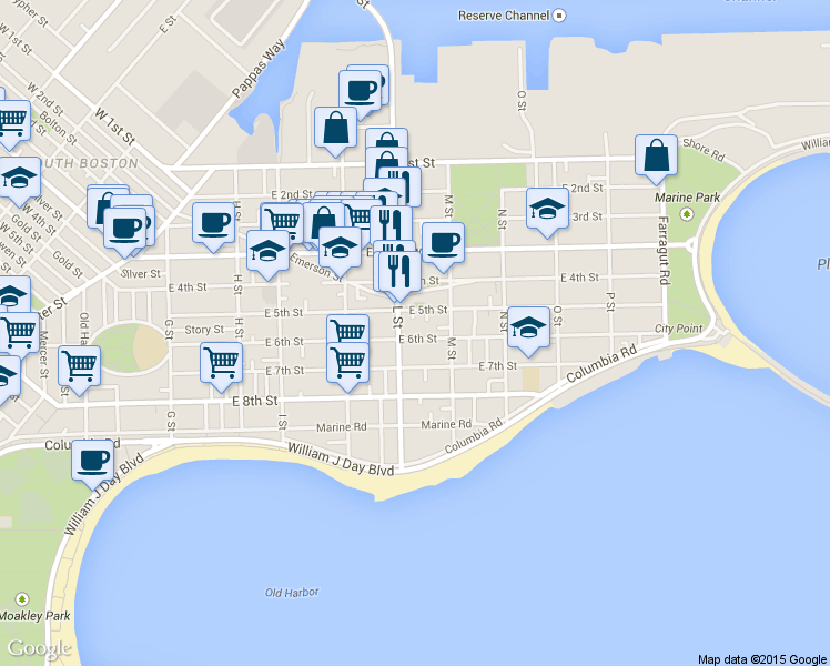 map of restaurants, bars, coffee shops, grocery stores, and more near 661 East 6th Street in Boston