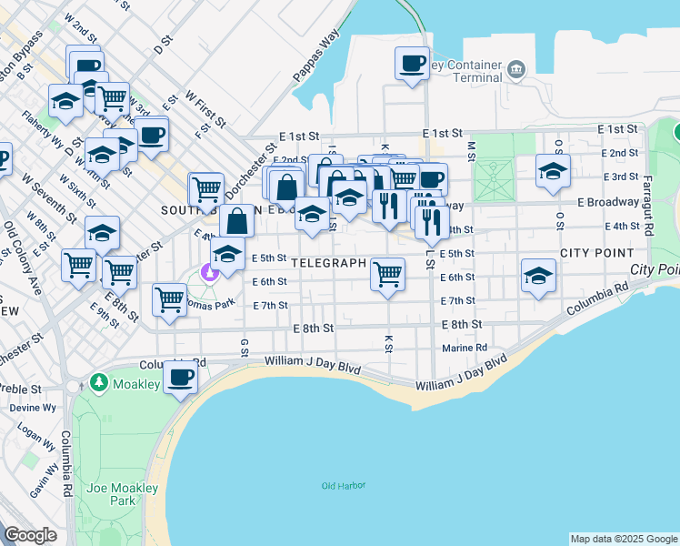 map of restaurants, bars, coffee shops, grocery stores, and more near 151 I Street in Boston