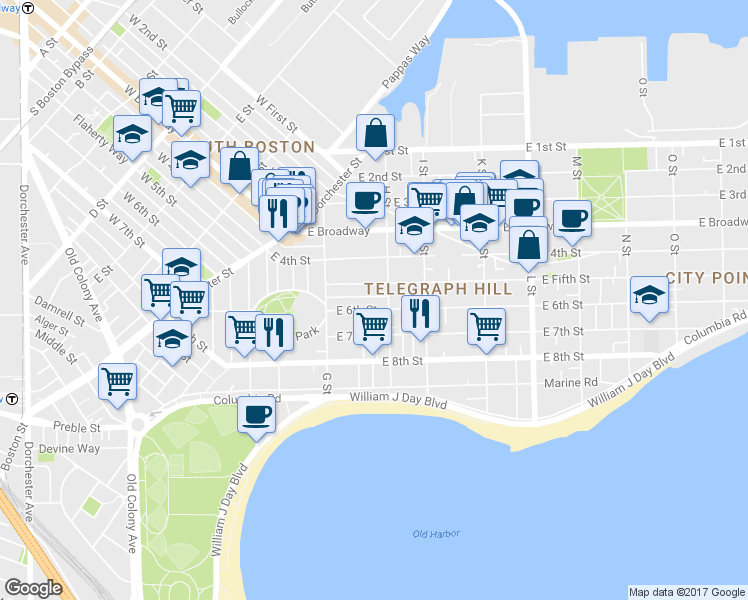 map of restaurants, bars, coffee shops, grocery stores, and more near 145 H Street in Boston