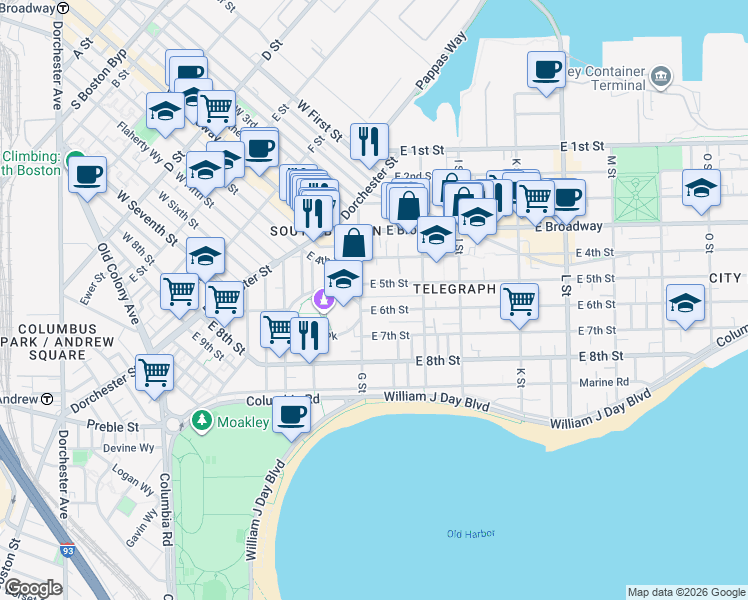 map of restaurants, bars, coffee shops, grocery stores, and more near 434 East 6th Street in Boston