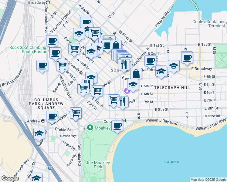 map of restaurants, bars, coffee shops, grocery stores, and more near 53 Old Harbor Street in Boston