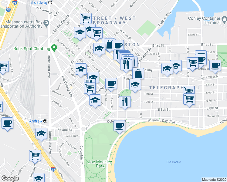 map of restaurants, bars, coffee shops, grocery stores, and more near 53 Old Harbor Street in Boston