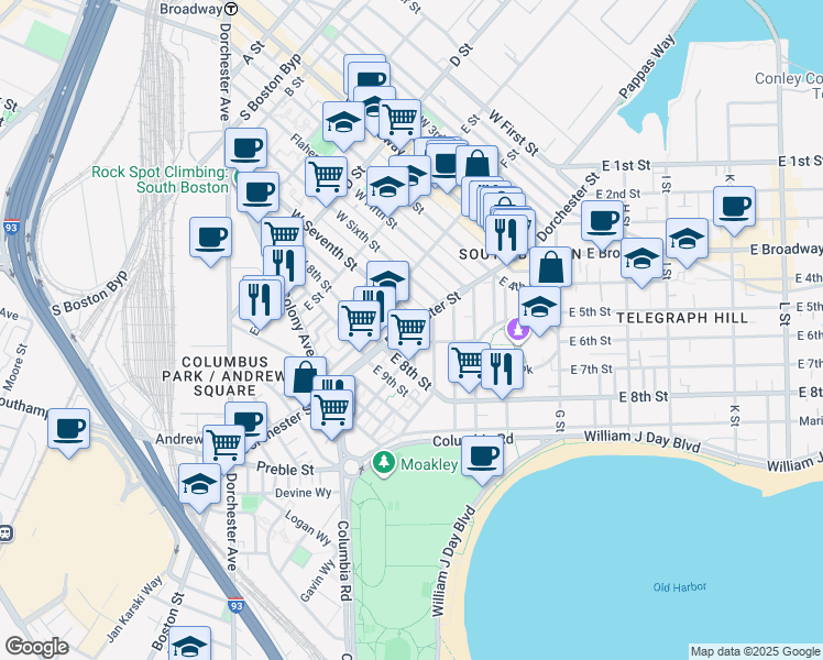 map of restaurants, bars, coffee shops, grocery stores, and more near 2 Telegraph Street in Boston