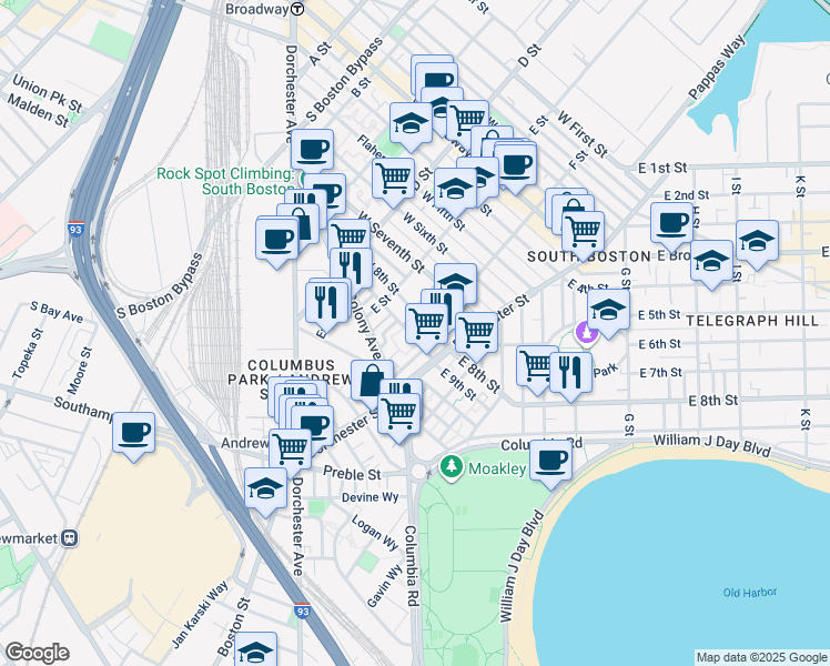 map of restaurants, bars, coffee shops, grocery stores, and more near 218 West 9th Street in Boston