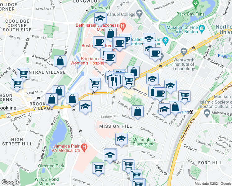 map of restaurants, bars, coffee shops, grocery stores, and more near in Boston