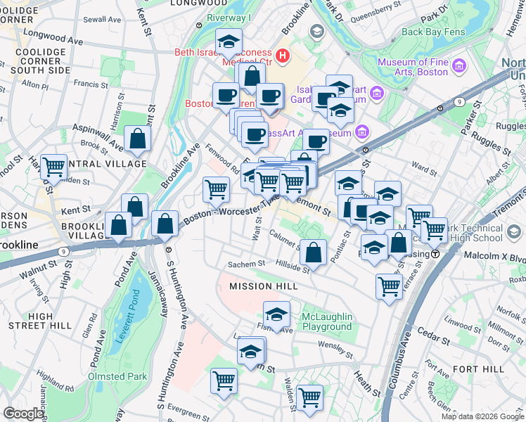 map of restaurants, bars, coffee shops, grocery stores, and more near in Boston