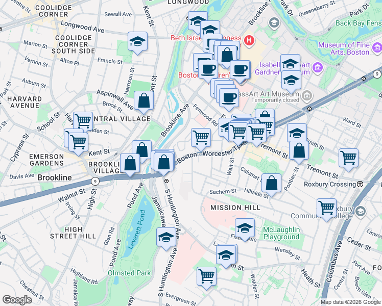 map of restaurants, bars, coffee shops, grocery stores, and more near 2 Shepherd Avenue in Boston