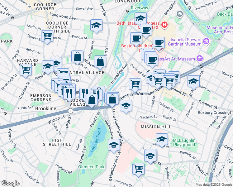 map of restaurants, bars, coffee shops, grocery stores, and more near 382 Riverway in Boston