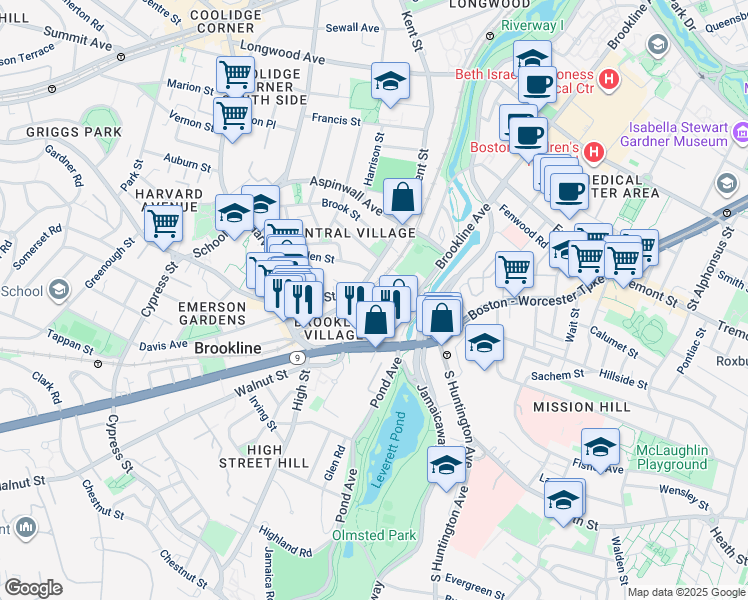 map of restaurants, bars, coffee shops, grocery stores, and more near 1 Brookline Place in Brookline