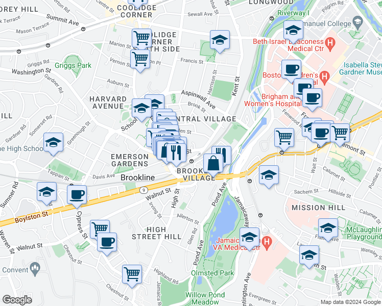 map of restaurants, bars, coffee shops, grocery stores, and more near in Brookline