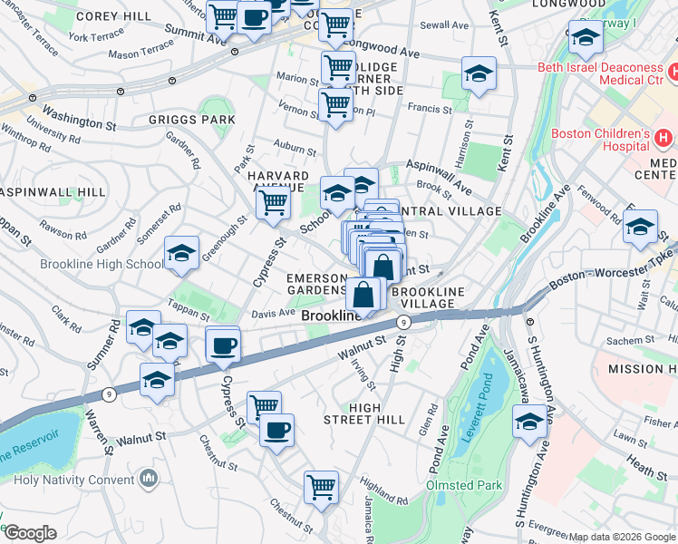 map of restaurants, bars, coffee shops, grocery stores, and more near 12 Thayer Street in Brookline