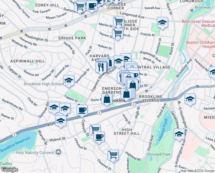 map of restaurants, bars, coffee shops, grocery stores, and more near 27 Waverly Street in Brookline